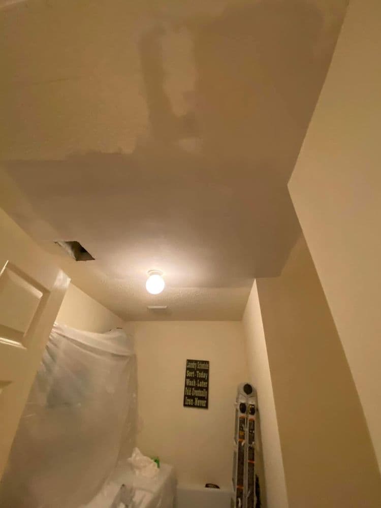 Ceiling in a room with fresh paint job and a ladder, illuminated by a ceiling light.